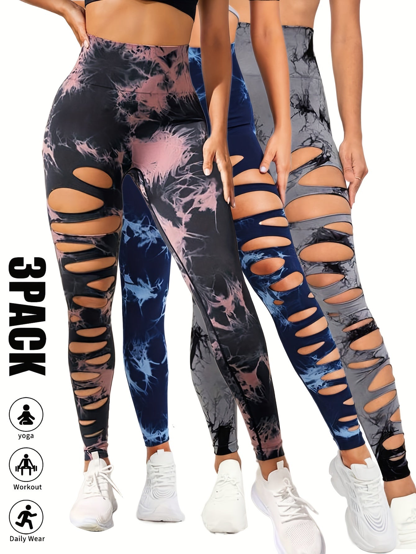3 Pack High Waist Tie Dye Cutout Yoga Leggings - Scrunch Butt Lifting, Tummy Control, Elastic Workout Pants for Women SS69