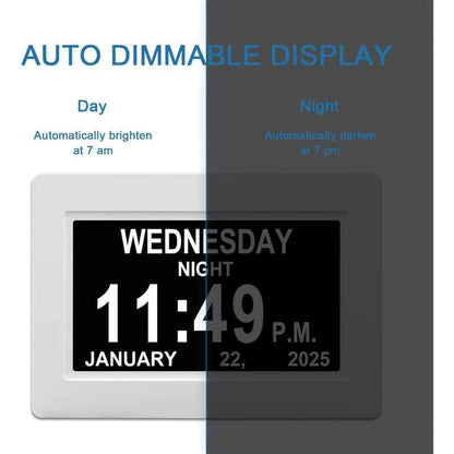 Large Digital Clock Designed for Seniors with Dementia, Featuring a Calendar Display, Alarms, And Functions As a Wall Clock Showing Day And Date. It Also Serves As an Alarm Clock, Desk Clock, Electronic Photo Frame, And Suppo