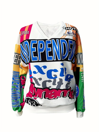 Slayr Collection Women'S Elegant Polyester Spandex V-Neck Sweatshirt with Bold Alphabets Print, Long Sleeve Casual Sport Pullover with High Stretch, Regular Length - For Women - Perfect for Casual Wear & Sports - Stylish Gift SS69