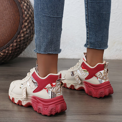 Women'S 2025 Spring/Summer High-Top Sneakers - Casual, Breathable, Thick Sole Running Shoes with Lace-Up Closure, Synthetic Upper, PVC Sole, and Stylish Red & Beige Design for Outdoor Activities, Casual Footwear | Trendy Casu SS69