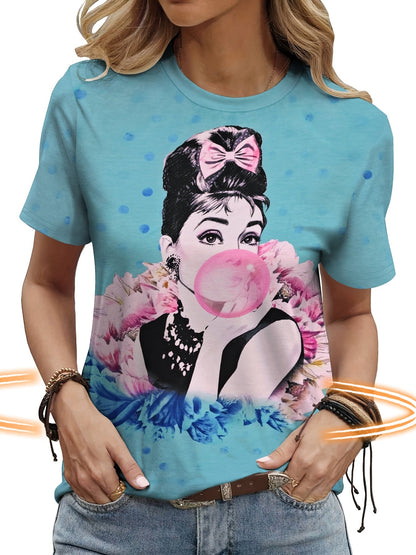 Women'S Casual Crew Neck Short Sleeve T-Shirt - Polyester & Spandex Blend, Breathable 3D Print with Elegant Portrait & Floral Bubble Graphic, All-Season Top for Casual Attire, Versatile Clothing | Playful Graphic Tee | Glossy SS69