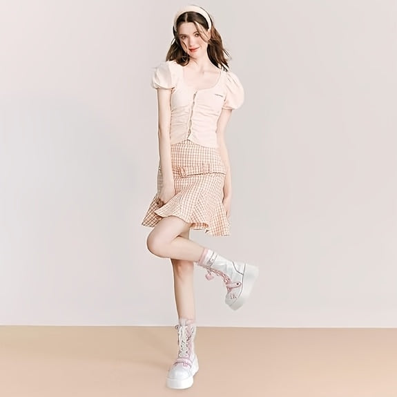 [Goth Rave High Heel Boots] Goth Rave High Heel Round Toe Zipper Wedges Mid Calf Booties - Platform Ankle Boots For Women - Kawaii Shoes SS69