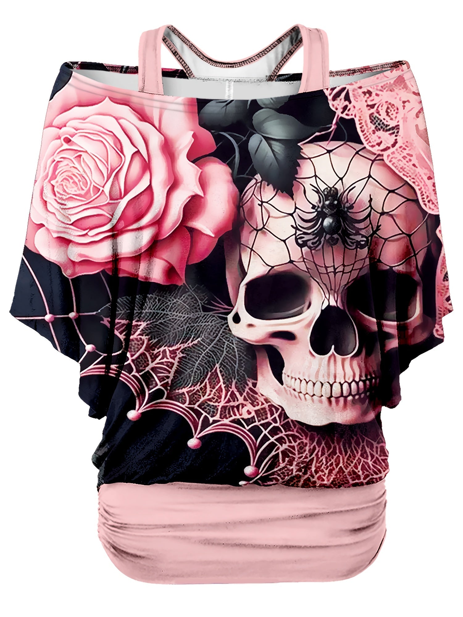 Dark Pink Women's Gothic Skull & Rose Print T-Shirt - Off-Shoulder, Loose Fit, Short Sleeve, Black Spider Web & Lace Detailing, Casual Summer Top, Relaxed Fit Tee | Unique Print Top | Digital Print Fabric, Goth T Shirt SS69