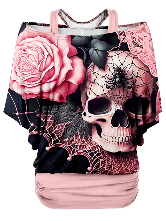 Dark Pink Women's Gothic Skull & Rose Print T-Shirt - Off-Shoulder, Loose Fit, Short Sleeve, Black Spider Web & Lace Detailing, Casual Summer Top, Relaxed Fit Tee | Unique Print Top | Digital Print Fabric, Goth T Shirt SS69
