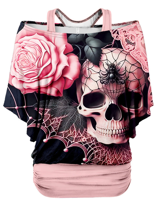 Dark Pink Women's Gothic Skull & Rose Print T-Shirt - Off-Shoulder, Loose Fit, Short Sleeve, Black Spider Web & Lace Detailing, Casual Summer Top, Relaxed Fit Tee | Unique Print Top | Digital Print Fabric, Goth T Shirt SS69