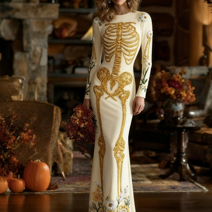 Women's Gothic Vampire Costume Dress - Full-Body Skeleton Print & Anatomical Heart Design Long Sleeve Maxi Gown with A-Line Silhouette, Short Train Hem for Halloween Parties, Prom, Themed Events - Machine Washable Gothic Wedd SS69 26.69 A / XXL