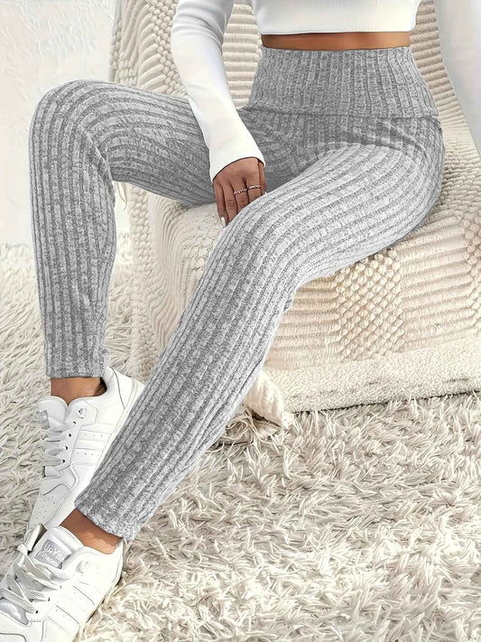 1pc Plus Size High Waist Solid Color Knit Leggings, Casual Stretchy Slimming Tights for Women, Polyester Knitted Fabric, Autumn/Winter Season