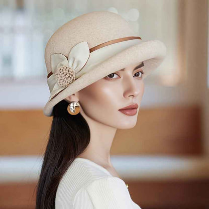 Women'S Elegant English Style Felt Hat - Lightweight Thermal Wide Brimmed Winter Bucket Hat with Brown Neckline, Soft Non-Elastic Design & Ear Flaps, All-Season Snug Fit for Weddings, Parties, New Year'S Events - Machine Wash