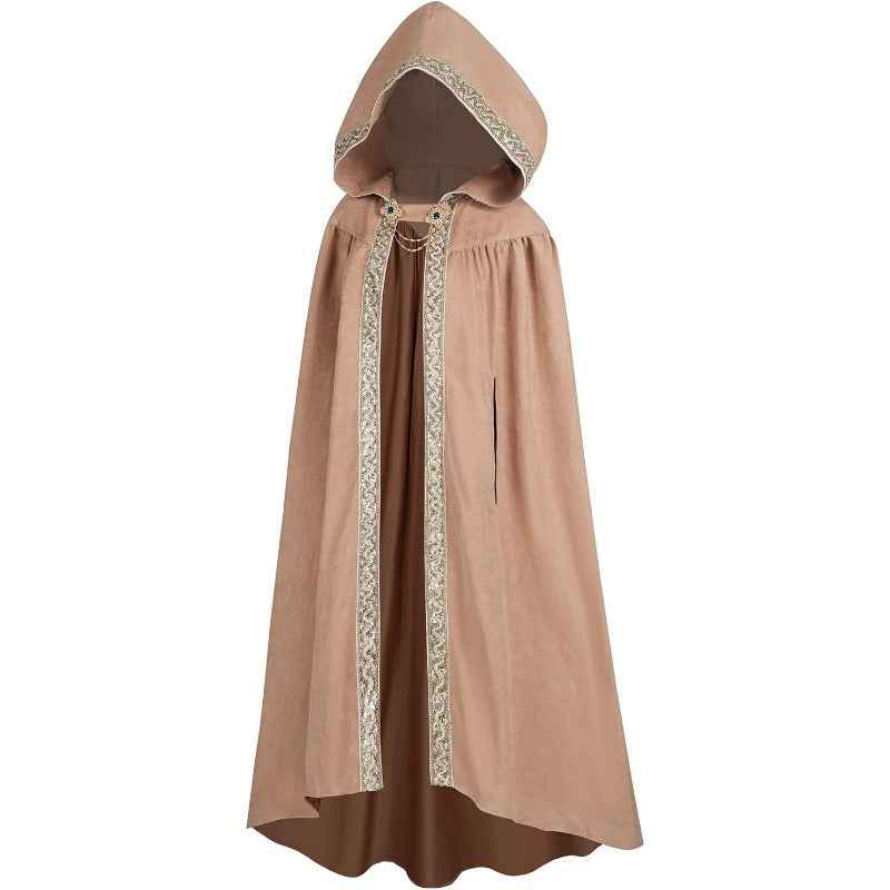 Medieval-Style Hooded Cape Costume, Celtic Knot & Satin Trim, Adjustable Tie-Front Closure, Renaissance Faire Outfit for Renaissance Festival Cosplay Themed Parties, Beige Pink Dark Green Burgundy