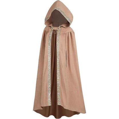 Medieval-Style Hooded Cape Costume, Celtic Knot & Satin Trim, Adjustable Tie-Front Closure, Renaissance Faire Outfit for Renaissance Festival Cosplay Themed Parties, Beige Pink Dark Green Burgundy