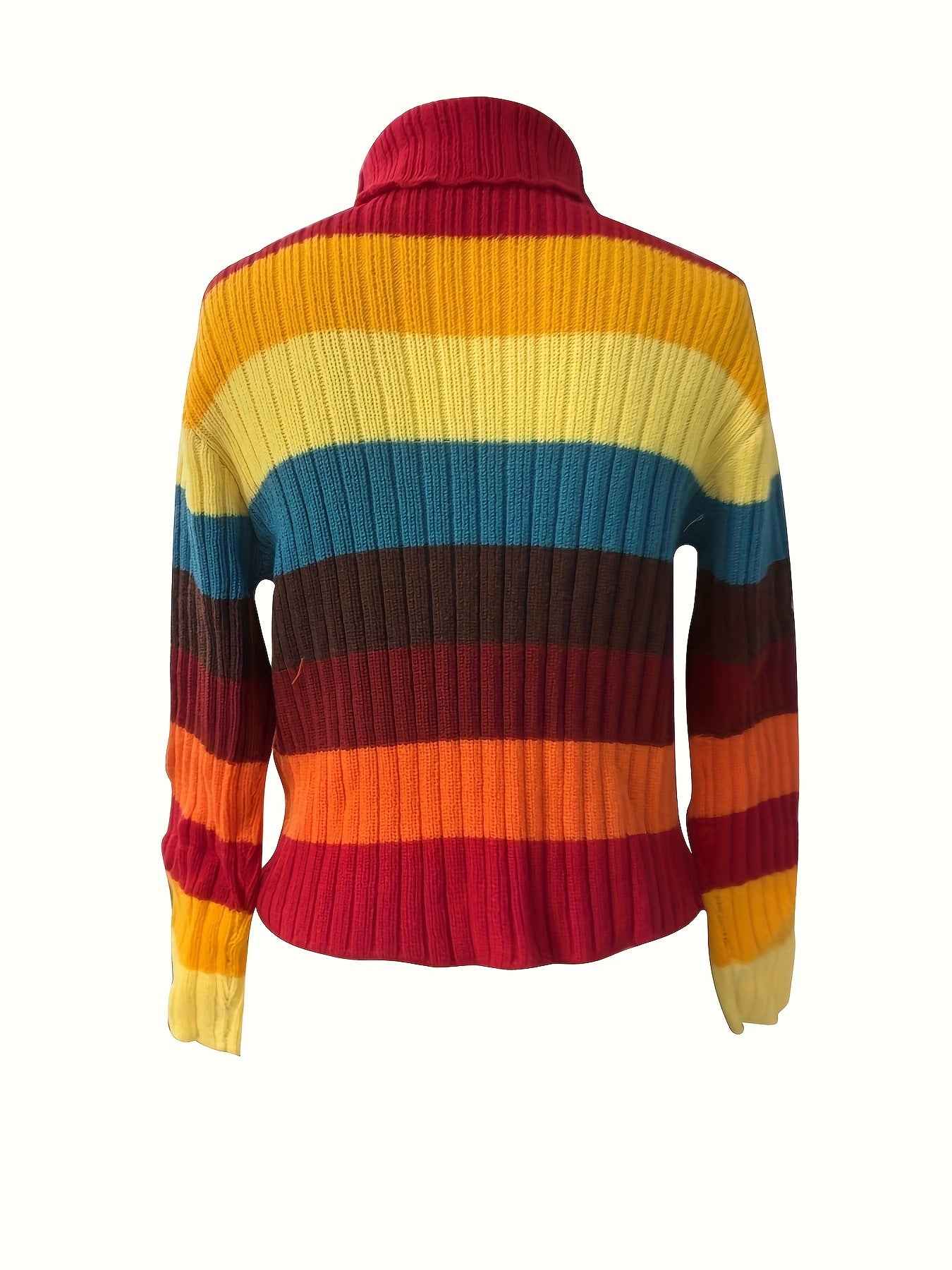 Y2K Retro Sweater, Multicolor Horizontal Striped Gothic Punk Rock Rainbow, Winter Warm Collar Long Sleeve Coat, Machine Washable Layered Outfit, Pink/Blue/Yellow/Black/Brown