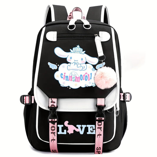 Sanrio for kuromi Backpack - Cute Cartoon Laptop Bag with Pink Bows, Large Capacity Travel Backpack for Women, Durable Polyester Lining, Multiple Compartments, Black/White, Backpack for Travel, Casual Daypack, Playful Design,