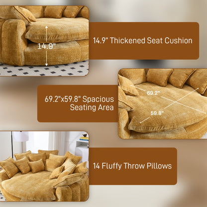 81.1" W Oversized Round Chaise Lounge, Fluffy Lazy Bean Bag Sofa With 14 Pillows, Comfy Chenille Upholstered Barrel Sleeper Bed, Modern Deep Seat Cloud Couch For Living Room Apartment SS69