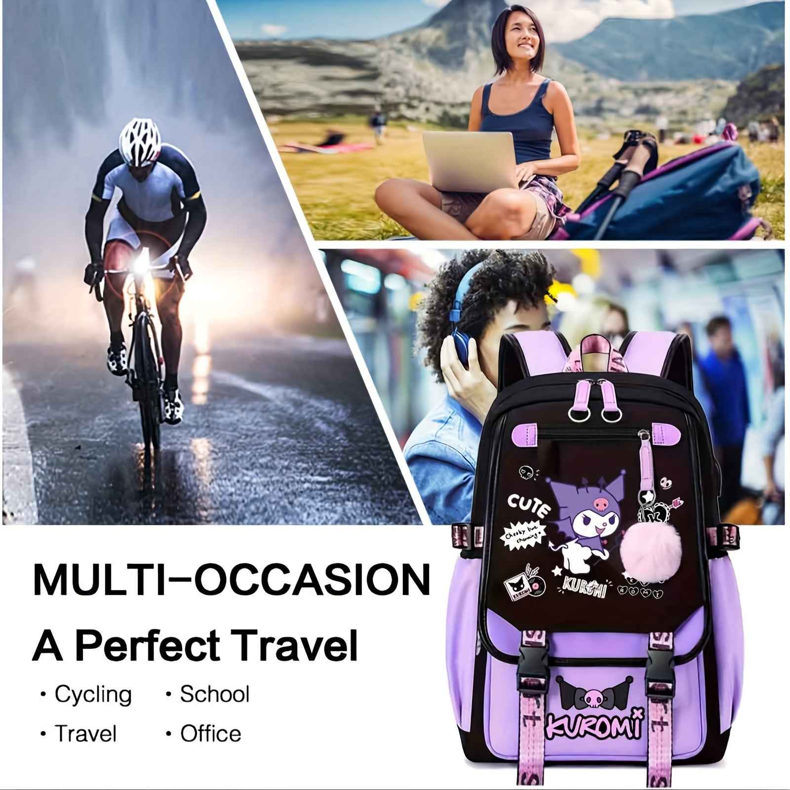 Sanrio Kuromi Canvas Backpack - Lightweight, Adjustable Straps, Zip Closure - Cute Anime Design with Plush Characters and Decorative Pins - Ideal for Students & Travel - Fits 17" Laptop - Black & Purple, Anime Accessory|Plush