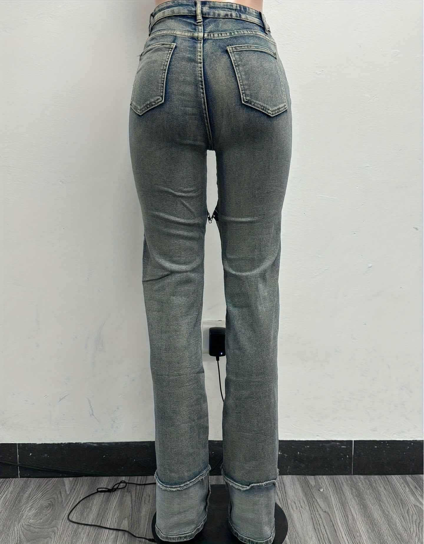 High-Waisted Wide-Leg Bell-Bottom Jeans - -Washed Vintage Blue Pants with Zipper Closure, Beltless Design & Relaxed Fit (No Belt Included) | Hand Washable Casual to Semi-Formal Wear, Spring/Fall Outfits ( West Style