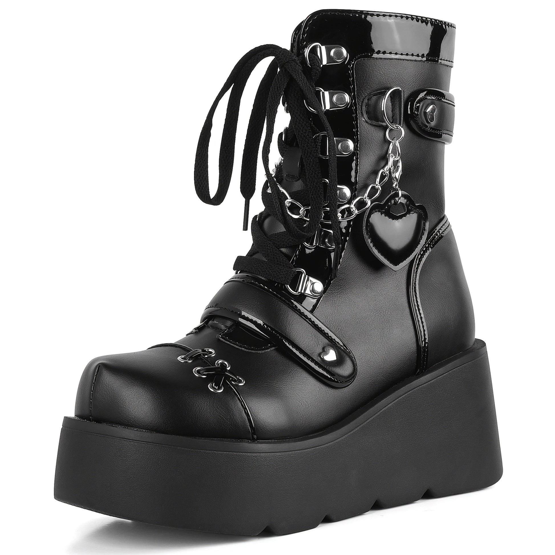[Goth Rave High Heel Boots] Goth Rave High Heel Round Toe Zipper Wedges Mid Calf Booties - Platform Ankle Boots For Women - Kawaii Shoes SS69 56.69 US 8.5 / Black