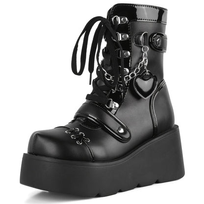 [Goth Rave High Heel Boots] Goth Rave High Heel Round Toe Zipper Wedges Mid Calf Booties - Platform Ankle Boots For Women - Kawaii Shoes SS69 56.69 US 8.5 / Black