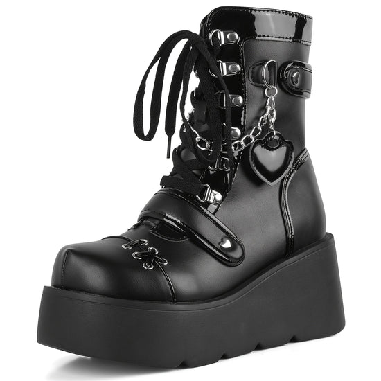[Goth Rave High Heel Boots] Goth Rave High Heel Round Toe Zipper Wedges Mid Calf Booties - Platform Ankle Boots For Women - Kawaii Shoes SS69 56.69 US 8.5 / Black