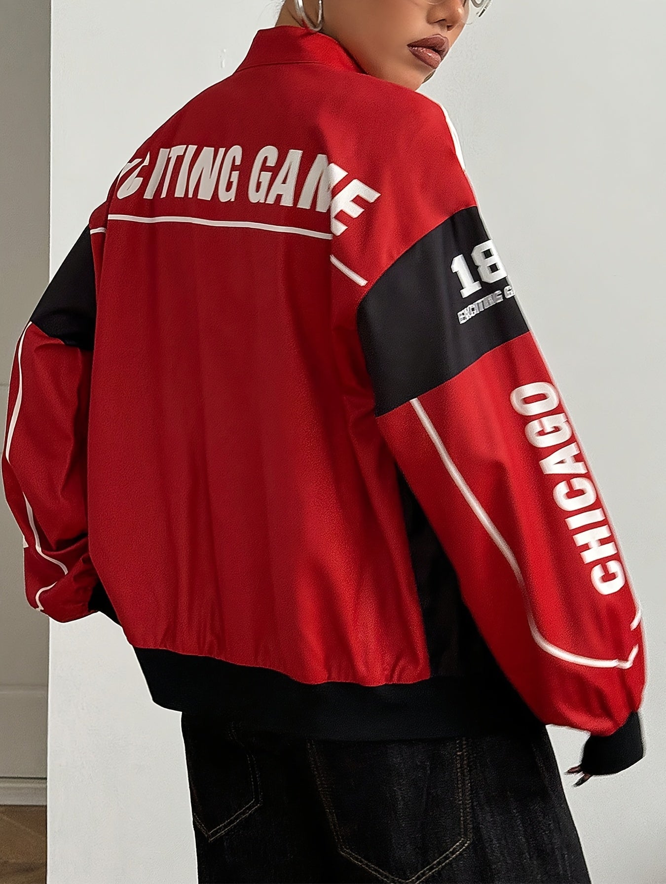 Women'S Vintage-Inspired Letter Print Bomber Jacket - Long Sleeve Zip-Up with Stand Collar, Lightweight Polyester, Black & White Design, Casual Chic for All Seasons SS69