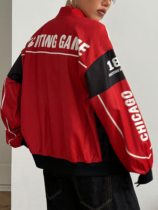 Women'S Vintage-Inspired Letter Print Bomber Jacket - Long Sleeve Zip-Up with Stand Collar, Lightweight Polyester, Black & White Design, Casual Chic for All Seasons SS69