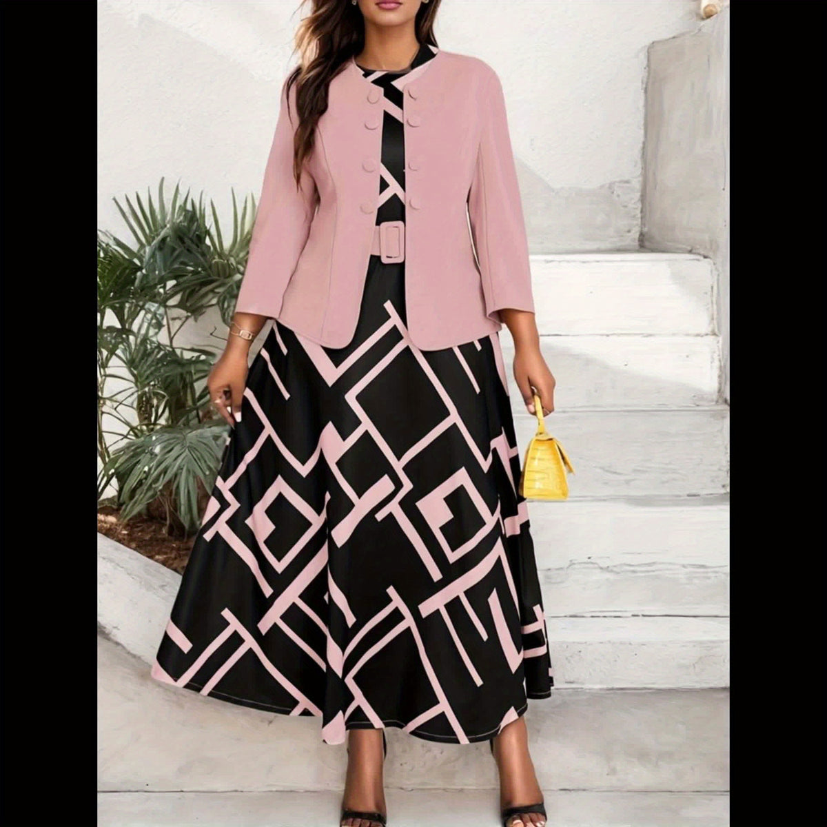 [Elegant Two-Piece Set] Elegant Plus-Size Women's Solid Color Jacket & Printed Vest Skirt Two-Piece Set