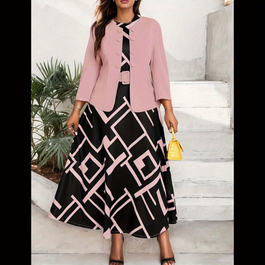 [Elegant Two-Piece Set] Elegant Plus-Size Women's Solid Color Jacket & Printed Vest Skirt Two-Piece Set