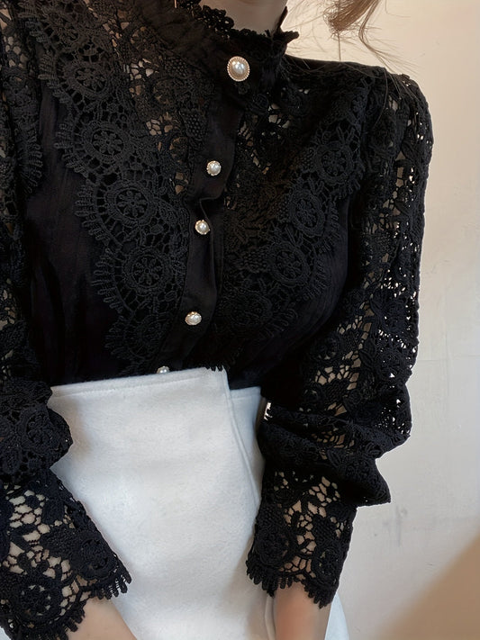 [Pearl Button Blouse] Pearl Button Elegant Victorian-Inspired Lace Blouse - Long Sleeve Mock Neck Green Polyester Pleated Design for Women, Perfect for Halloween Cosplay & Gothic Fashion SS69