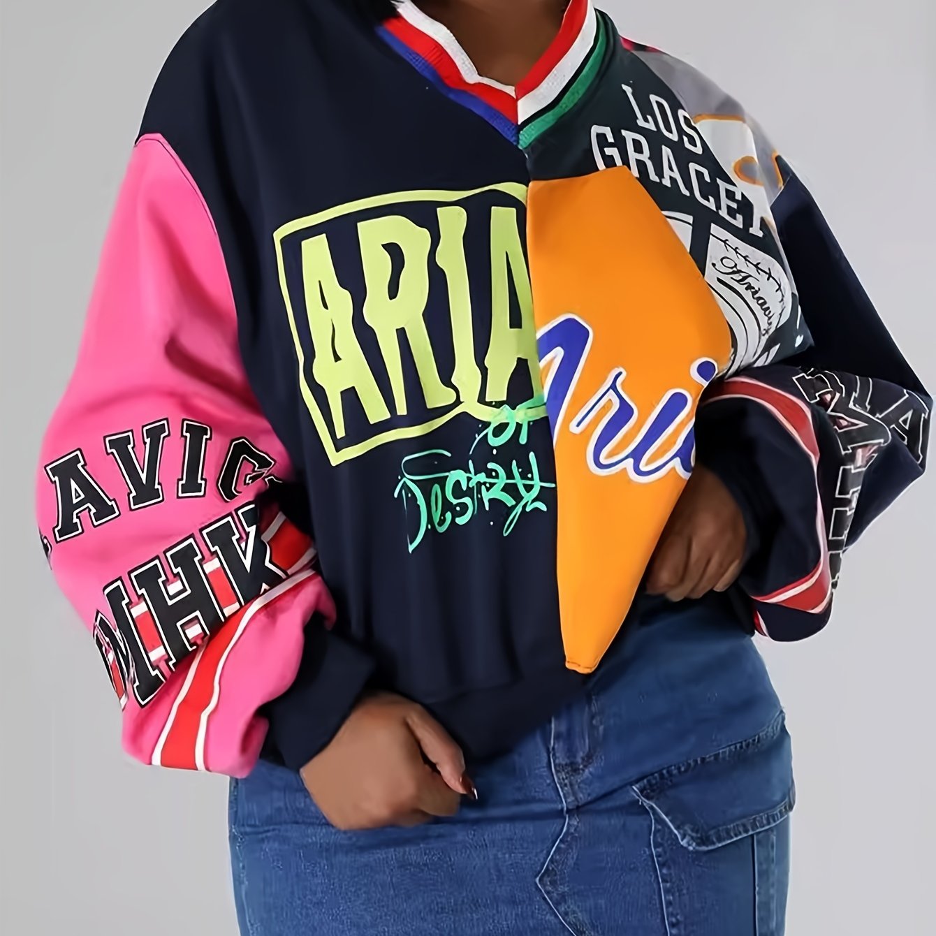 Fashion Patchwork Color Contrast Letter Print Loose Casual V-neck Hoodie SS69 33.69 Navy Blue / XXL