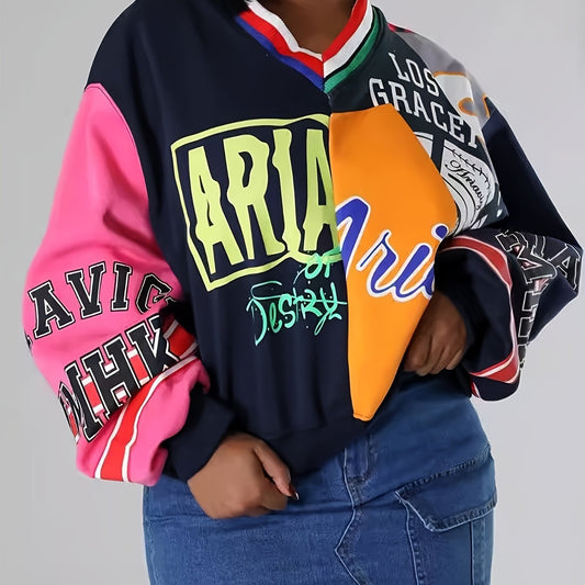 Fashion Patchwork Color Contrast Letter Print Loose Casual V-neck Hoodie SS69 33.69 Navy Blue / XXL
