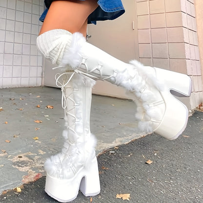 Womens Winter Punk Goth Boots - Faux Fur Lined, Side Zipper, Lace Up, Chunky Heel, Platform, Warm, Knee High, Mid Calf, Block Heel, Snow Walking Boots For Women SS69