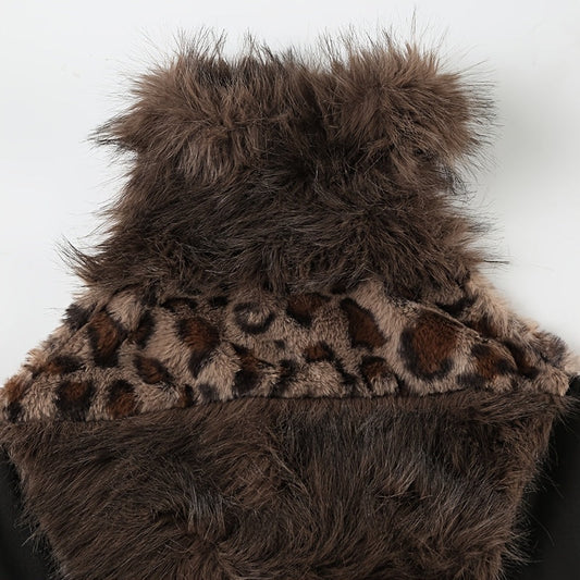 Retro Furry Patchwork Leopard Print Color-Blocked High-Neck Crop Top, Sleeveless And Sexy Backless, Inspired by Japanese And Korean Street Fashion. SS69