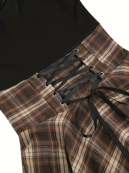 Vintage-Inspired Plaid Cocktail Dress - Fitted, Asymmetrical Neckline, Single Shoulder Strap Polyester Knit Fabric Dress for All-Season Wear SS69