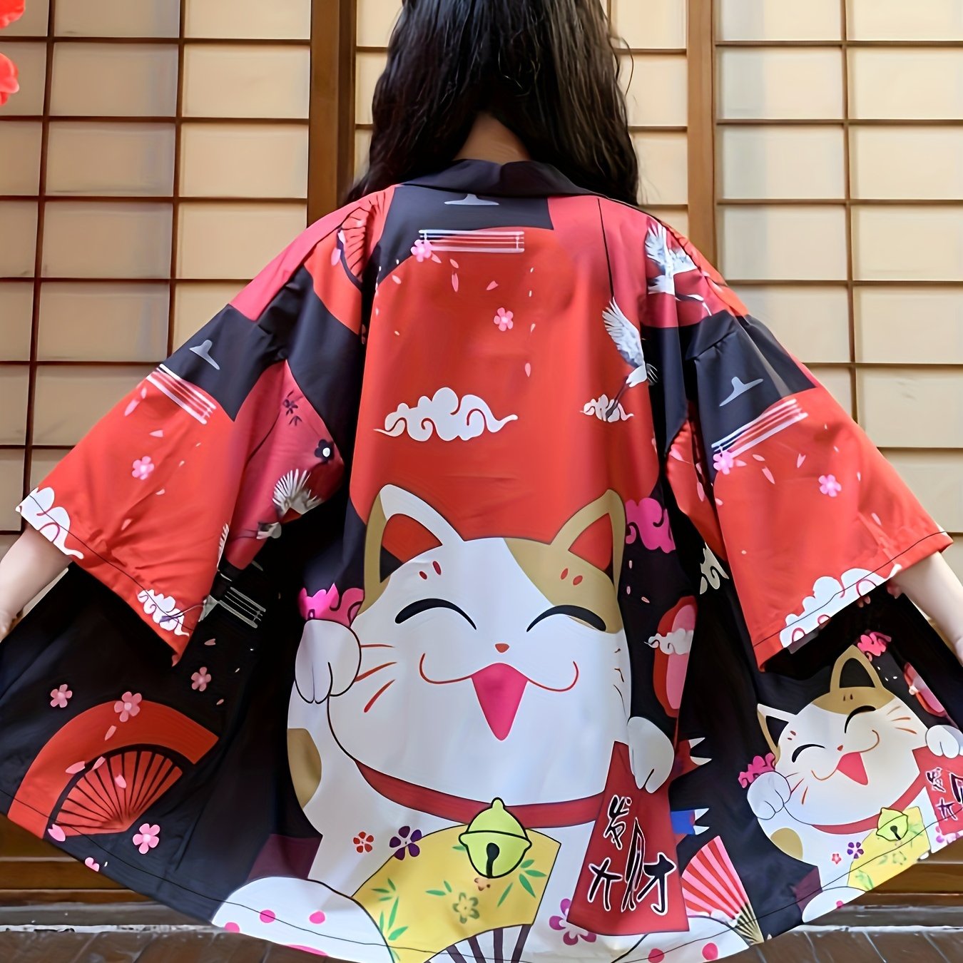 [Costume Delight] Anime Cosplay Kimono Cardigan - Lucky Cat & Festive Motifs, Lightweight Polyester, 3/4 Sleeve, Open Front Shawl - Ideal for Spring/Summer, Sun Protection, Halloween & Christmas Costumes SS69 18.69 Black / Asian One-size