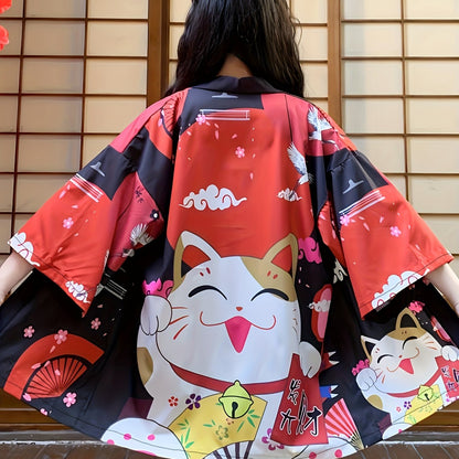 [Costume Delight] Anime Cosplay Kimono Cardigan - Lucky Cat & Festive Motifs, Lightweight Polyester, 3/4 Sleeve, Open Front Shawl - Ideal for Spring/Summer, Sun Protection, Halloween & Christmas Costumes SS69 18.69 Black / Asian One-size