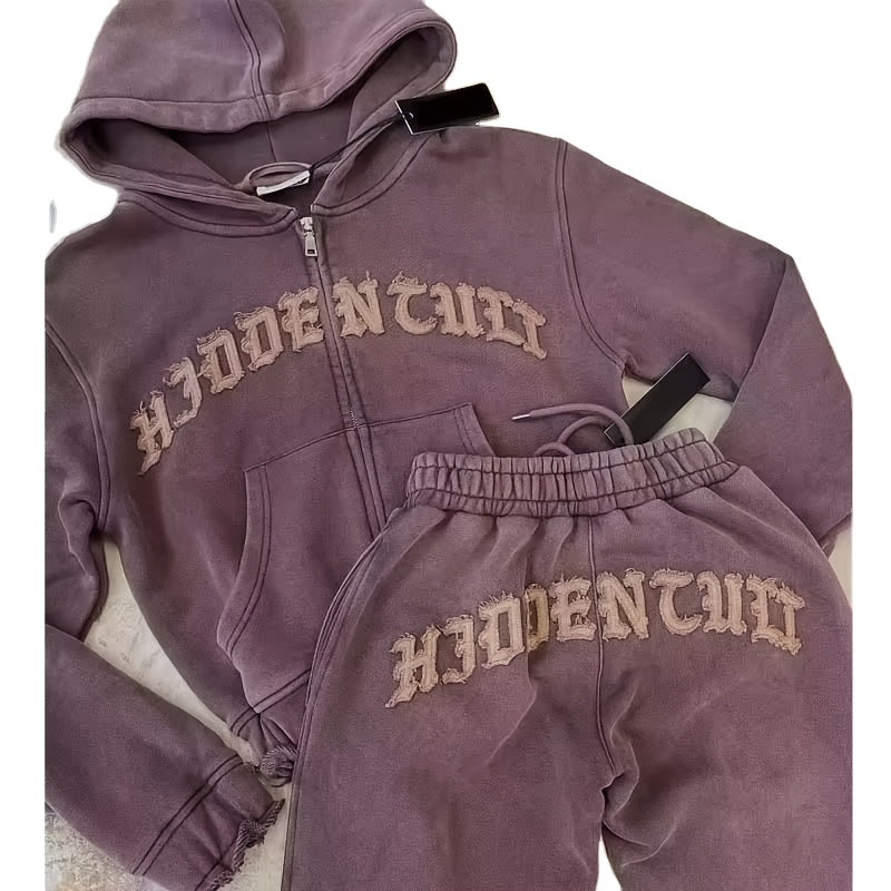 Chic Women's Athletic Set: Full-Zip Hoodie & Slim-Fit Pants - Comfortable, Adjustable, and Stylish with Letter Print Design - SS69