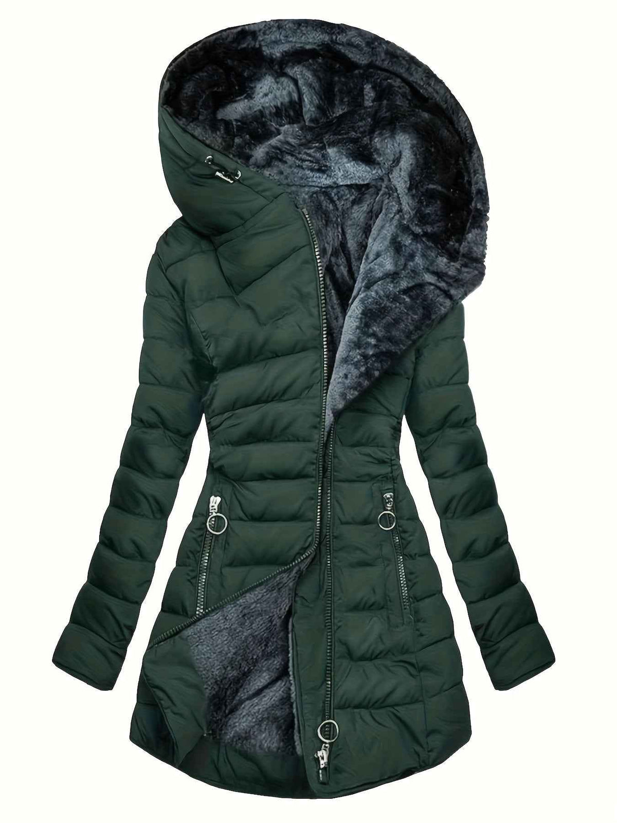 Women's Winter Warm Quilted Parka Coat, Padded Jacket with Hood, Full-Zip Front & Adjustable Waist Belt, Mid-Length Long Sleeve Outerwear for Cold Weather, Y2K Style, Beige/Tan, Hand Wash/Dry Clean