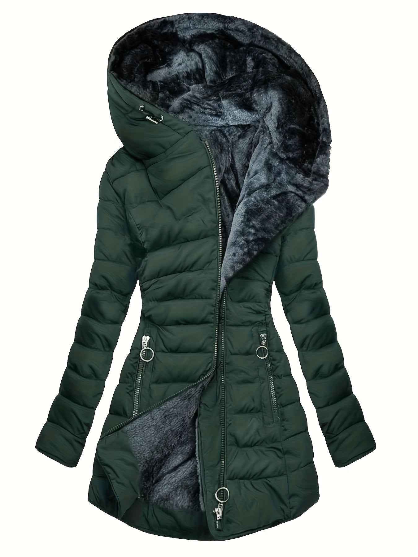 Women's Winter Warm Quilted Parka Coat, Padded Jacket with Hood, Full-Zip Front & Adjustable Waist Belt, Mid-Length Long Sleeve Outerwear for Cold Weather, Y2K Style, Beige/Tan, Hand Wash/Dry Clean