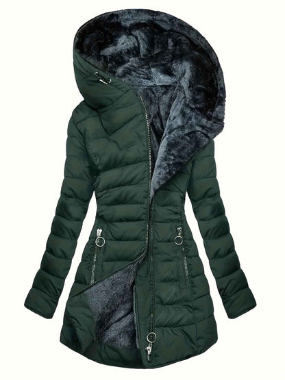 Women's Winter Warm Quilted Parka Coat, Padded Jacket with Hood, Full-Zip Front & Adjustable Waist Belt, Mid-Length Long Sleeve Outerwear for Cold Weather, Y2K Style, Beige/Tan, Hand Wash/Dry Clean