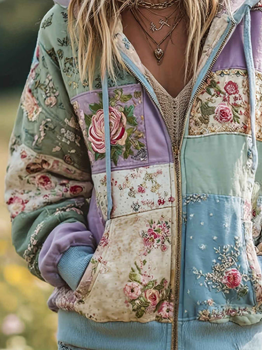 Plus Size, Women's Plus Size Vintage Bohemian Floral & plant print Hooded Jacket/Sweatshirt - Elegant Loose Fit Oversized Coat with Full-Length Zipper, H-Line Silhouette for Fall Winter Spring, Machine Washable for easy care