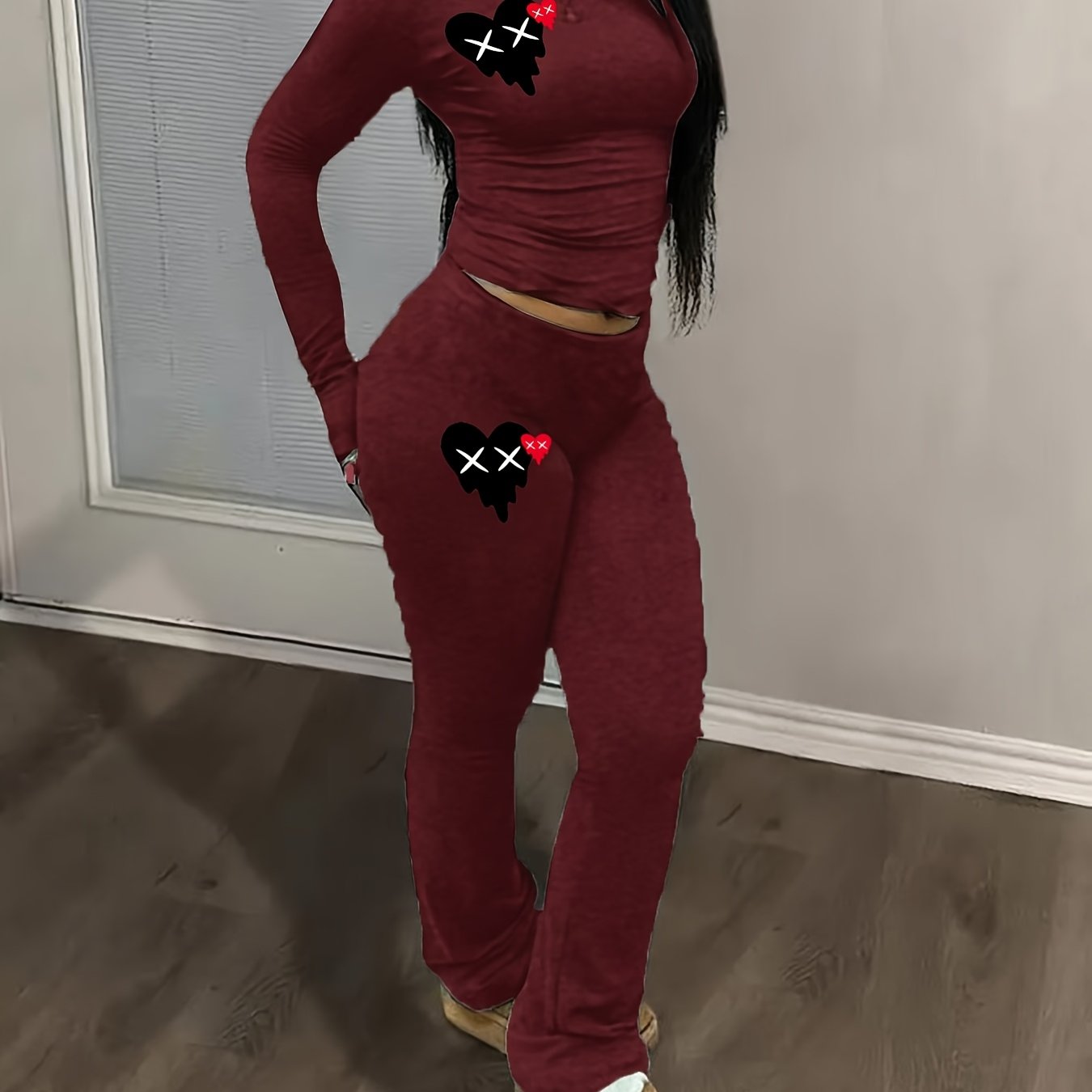 Fashionable Y2K Style Heart Print Set SS69 24.69 Burgundy / XL