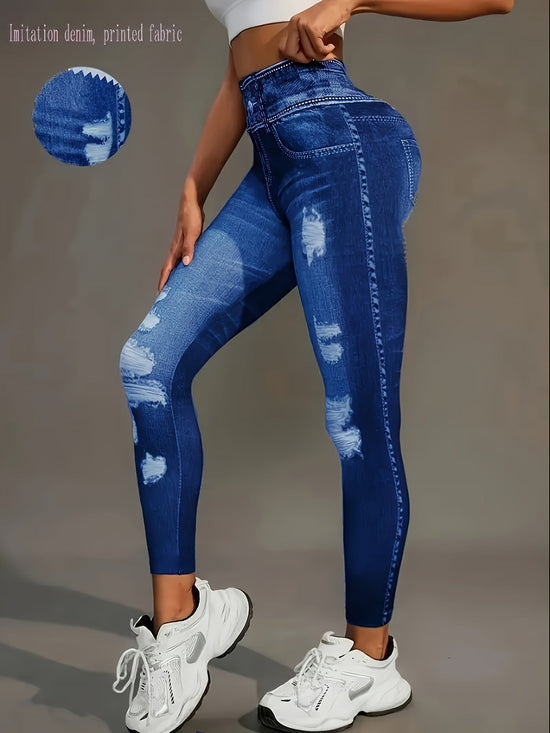 [Denim Print/Imitation Denim] Women's Imitation Denim Print Pants - Stretchy Polyester-Spandex Blend, Full-Body Distressed Design, Faux Pocket, Mid-Rise 9