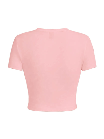 Little Devil Heart Print Crew Neck Crop T-shirt, Y2K Short Sleeve Top For Spring & Summer, Women'S Clothing SS69