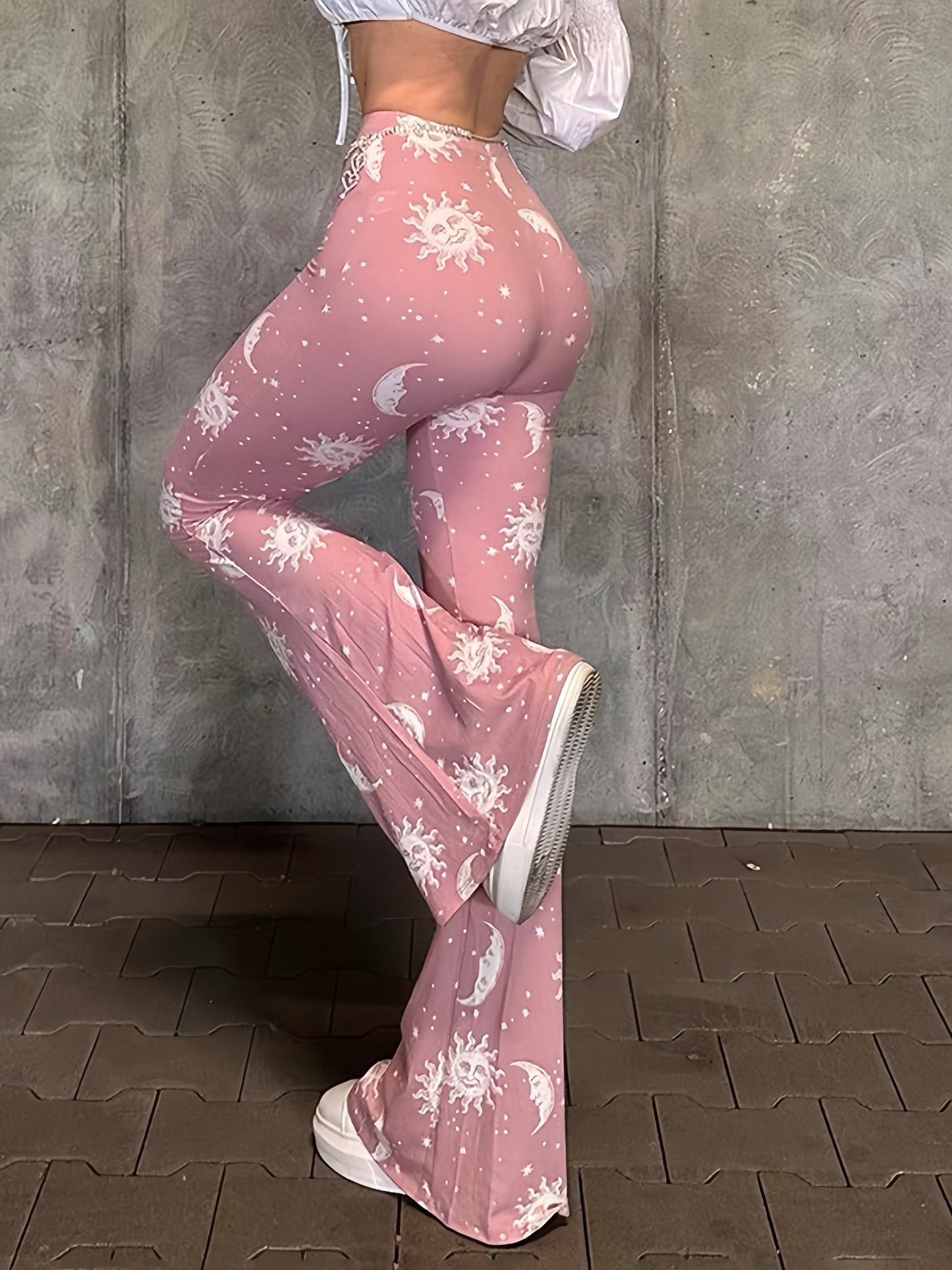 Polyester Spandex Blend Flare Leg Pants - Galaxy Moon Sun Print - Young Style for Adult Women - Spring/Fall Season SS69