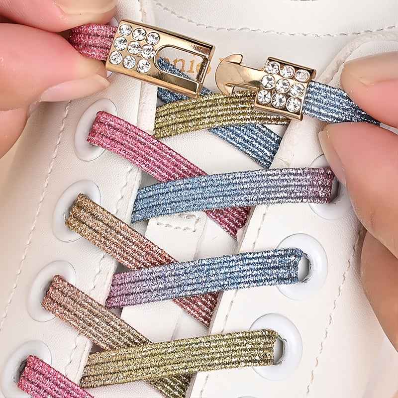 1pair Free-Tie Shoelaces With Rhinestone Buckles, Fashion Elastic Lazy Shoelaces For Sneakers Canvas Shoes Skate Shoes, Women & Men