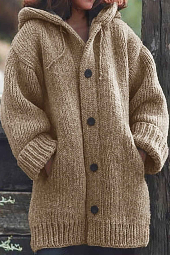 Plus Size, Plus Size Elegant Hooded Cardigan Jacket - 100% Winter Sweater Coat with Front Button Closure, Hooded Long Sweater Jacket Suitable for Fall/Winter, Brown/Navy/Red - Casual & Formal Wear, Machine Washable Cozy Outer