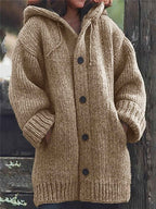 Plus Size, Plus Size Elegant Hooded Cardigan Jacket - 100% Winter Sweater Coat with Front Button Closure, Hooded Long Sweater Jacket Suitable for Fall/Winter, Brown/Navy/Red - Casual & Formal Wear, Machine Washable Cozy Outer