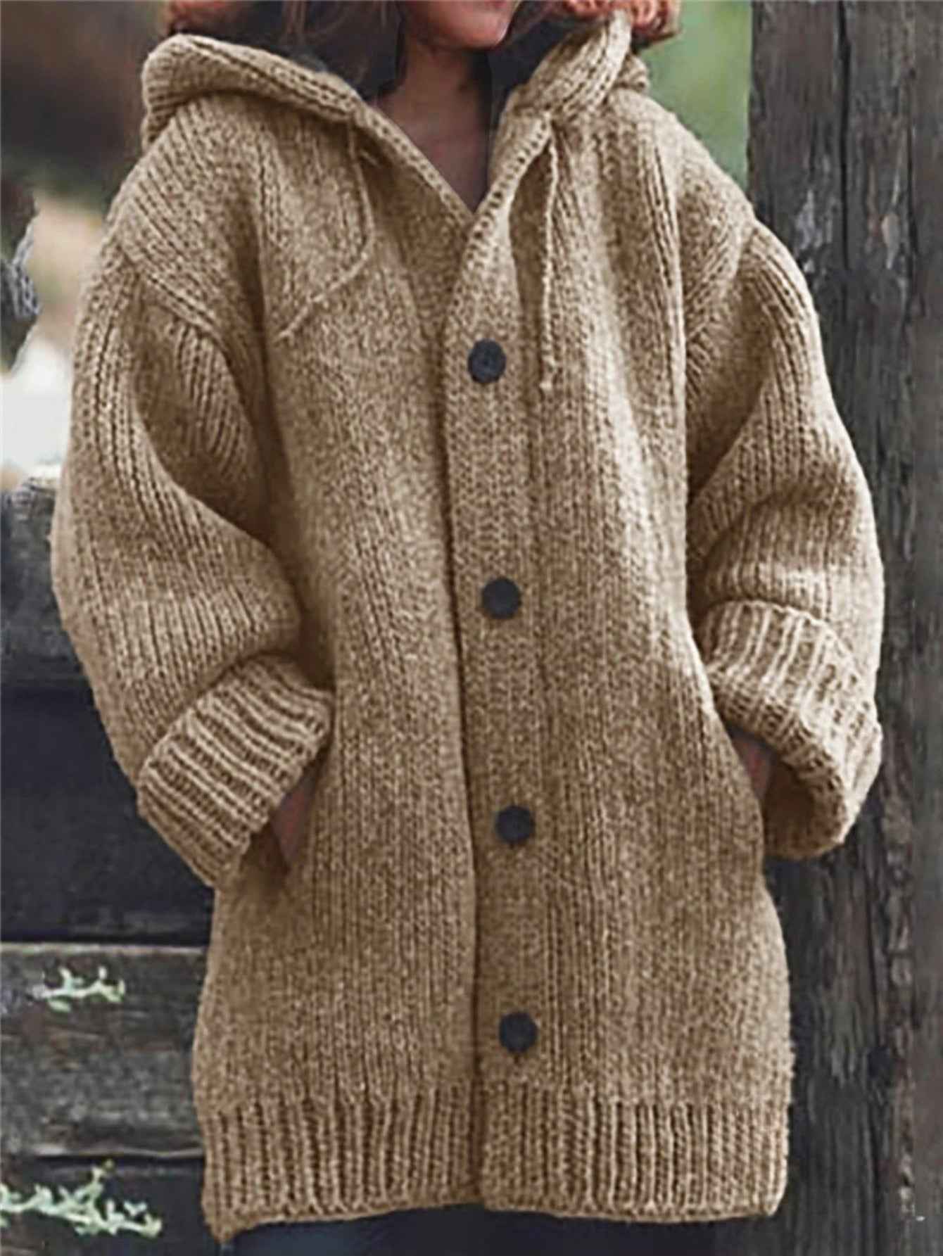 Plus Size, Plus Size Elegant Hooded Cardigan Jacket - 100% Winter Sweater Coat with Front Button Closure, Hooded Long Sweater Jacket Suitable for Fall/Winter, Brown/Navy/Red - Casual & Formal Wear, Machine Washable Cozy Outer