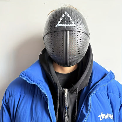[Playful] Adjustable Black Full-Face Costume Mask for Adults - Funky Soldier Design with White Triangle & Circle Patterns, Breathable Plastic, Ideal for Halloween & Cosplay Parties, Roleplaying Prop | Playful Design | Secure SS69
