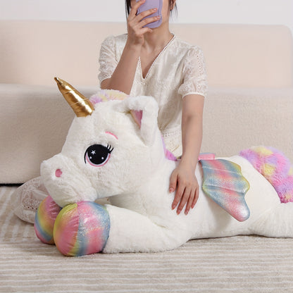 Giant Unicorn Plush Toy, White Soft & Cuddly Stuffed Animal with Rainbow Mane, Playful Design, Perfect Birthday Christmas or Halloween Gift for Youngsters Girlfriend or Boys, 44", Cozy Body Pillow, Best for Christmas Perfect