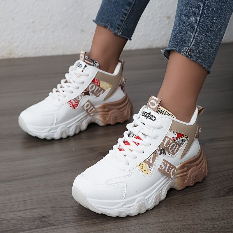 Women'S 2025 Spring/Summer High-Top Sneakers - Casual, Breathable, Thick Sole Running Shoes with Lace-Up Closure, Synthetic Upper, PVC Sole, and Stylish Red & Beige Design for Outdoor Activities, Casual Footwear | Trendy Casu SS69